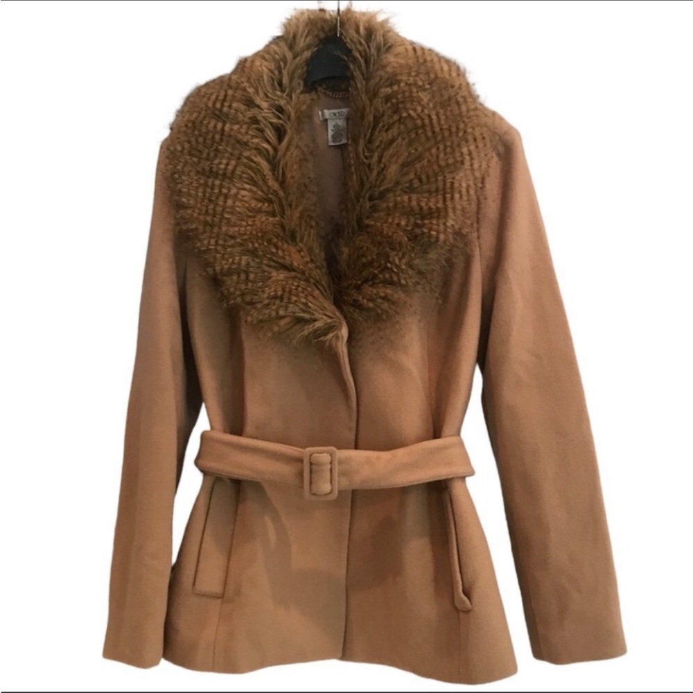 Cache’ Women’s Wool/Nylon Blend Faux Fur Collar Trim Belted Jacket/Coat Size L